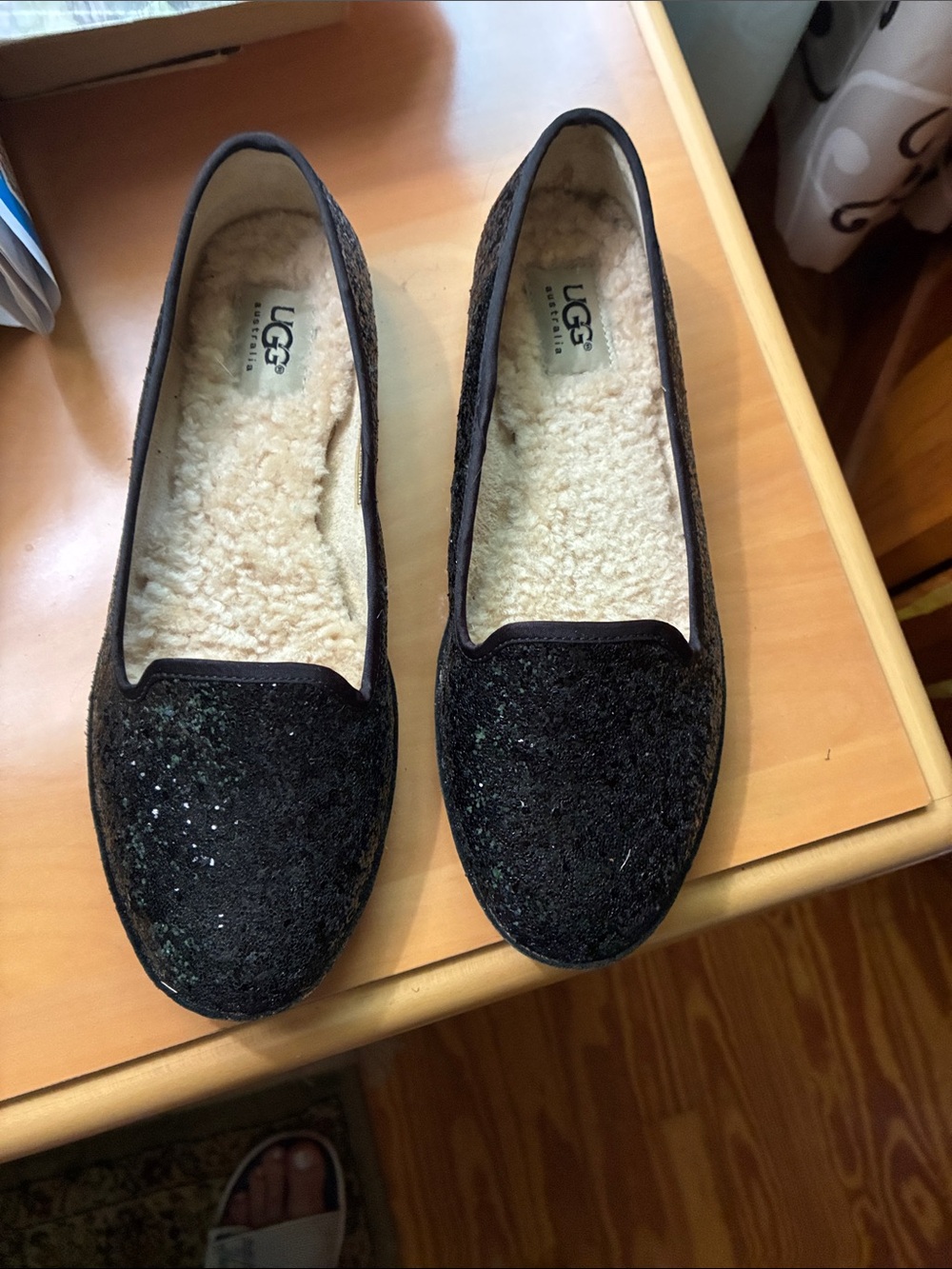 UGG Black Sparkle Shearling-Lined Slip-On Flats